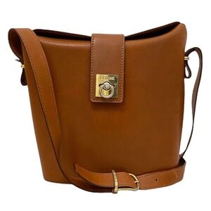 Celine Brown Leather Crossbody / Long Shoulder Bucket Bag Camel Caramel Cognac